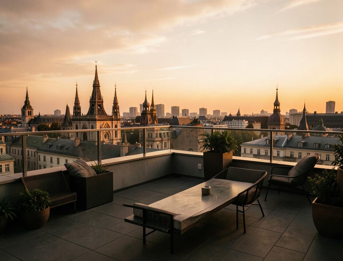 Terrasse ved solnedgang med udsigt over byens tage